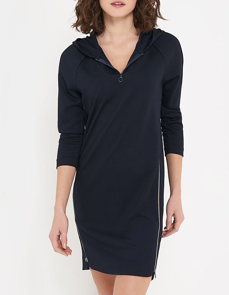 Marine tricot jurk met kap en ritsen opzij I.Code-2