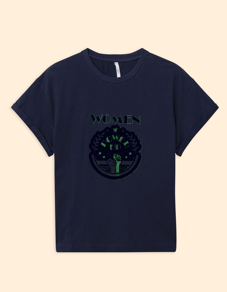 Marineblaues T-Shirt Schriftzug Samt Glitzer I.Code-6