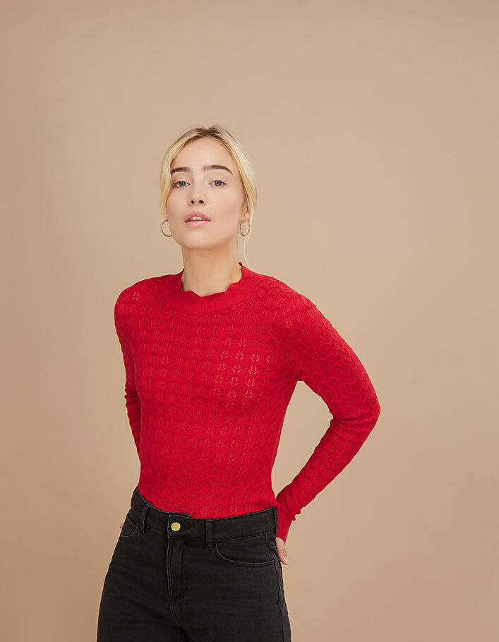 I.Code garnet red openwork fine knit high neck sweater - I.CODE