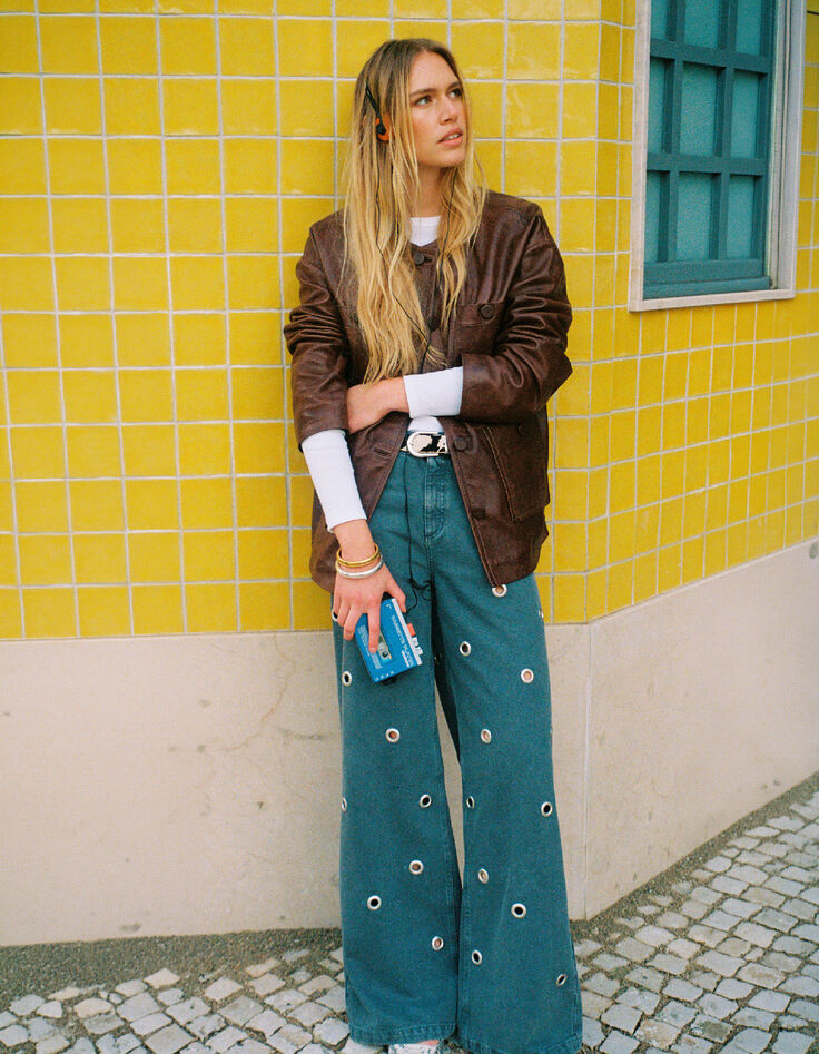 Edie Damen Jeans mit hoher Taille und weitem Bein mit &Ouml;senmuster-6