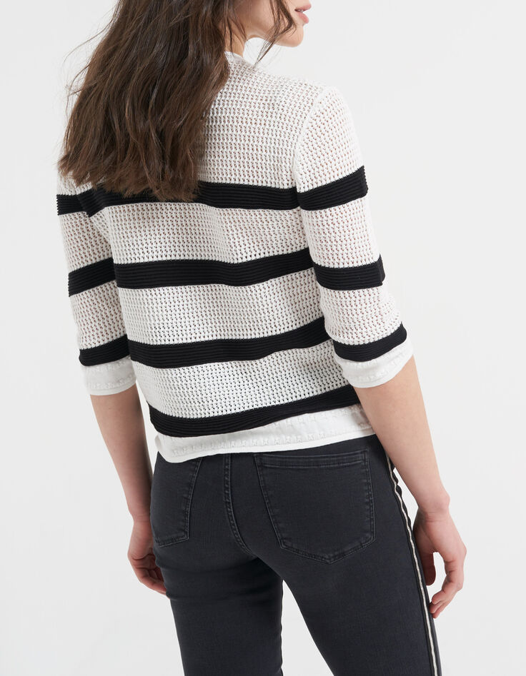Pull marinière blanc cassé et noir tricot ajouré I.Code-3 Pull marinière blanc cassé et noir tricot ajouré I.Code-3
