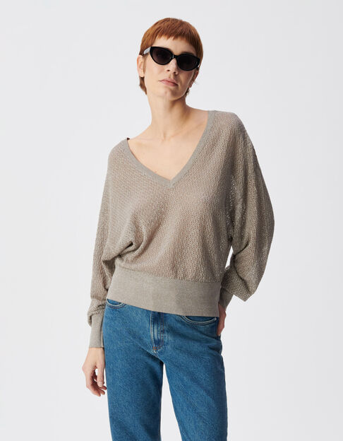 Schicker beigefarbener durchbrochener Pullover mit Paillettenbesatz f&uuml;r Damen - IKKS