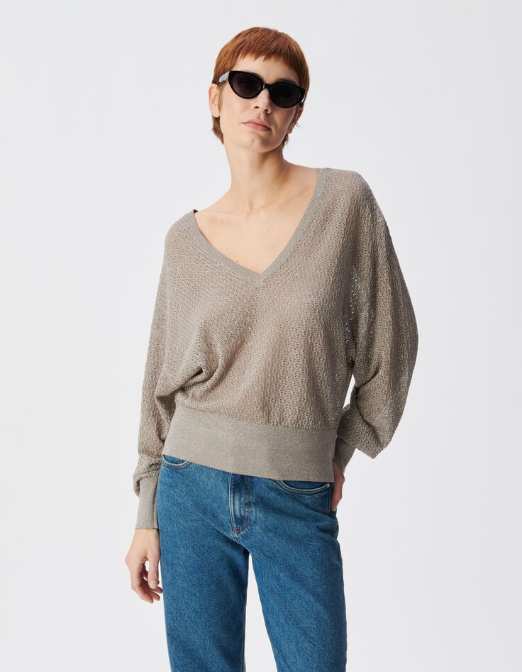 Schicker beigefarbener durchbrochener Pullover mit Paillettenbesatz f&uuml;r Damen-2