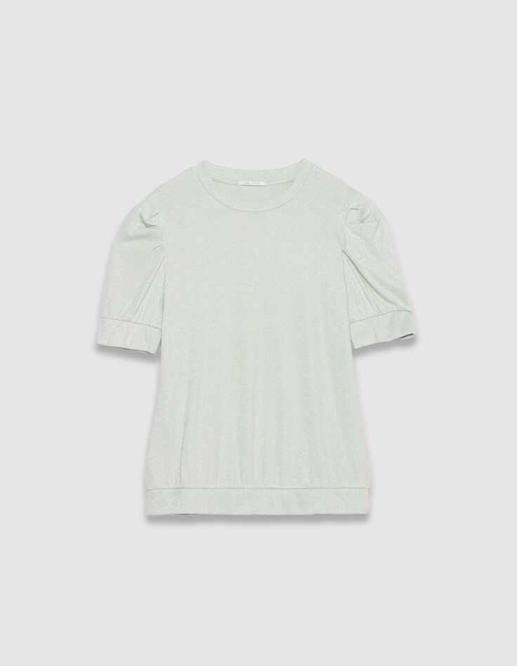Gr&uuml;nes paillettenbesetztes Damen-Rundhalsausschnitt-T-Shirt mit gerafften &Auml;rmeln-6