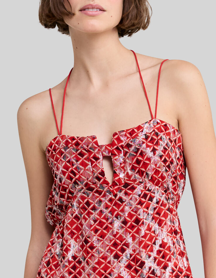 Langes, mohnrotes Damenkleid mit Karos-4
