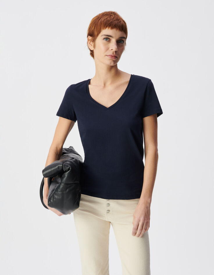 Marine T-Shirt Damen V-Ausschnitt mit Fischgr&auml;ten-Stickerei-1