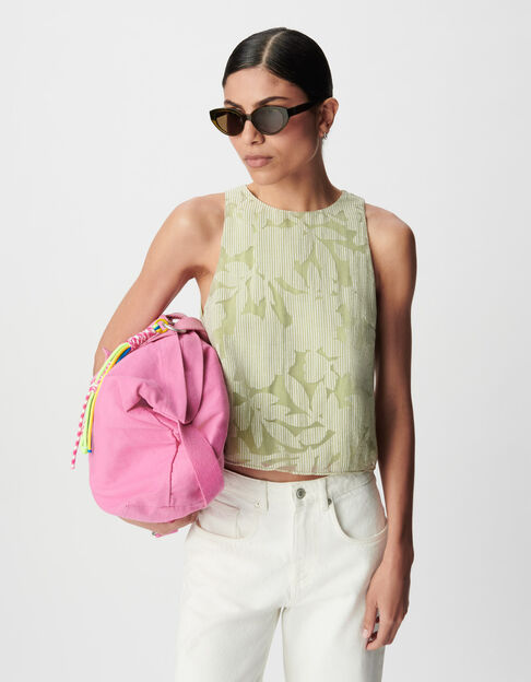 Top sin mangas verde estampado mixto rayas y vegetal Mujer - IKKS