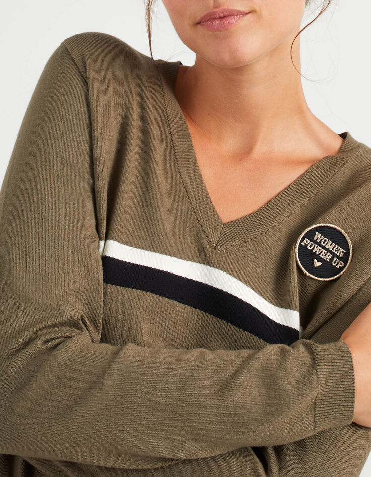 Pull kaki tricot badge et rayures bicolores I.Code-7