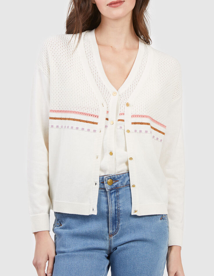 Cardigan écru tricot fin rayures sans manches I.Code-2