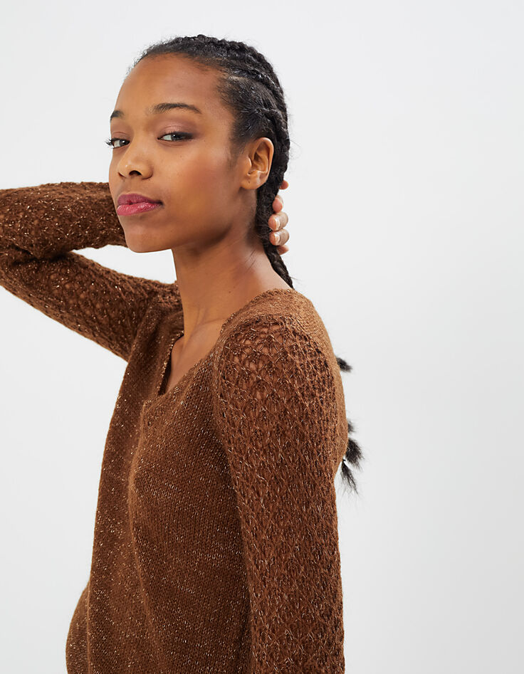 Pullover in Cognac, Mohairmischgarn und Ajour-Ärmel I.Code-5