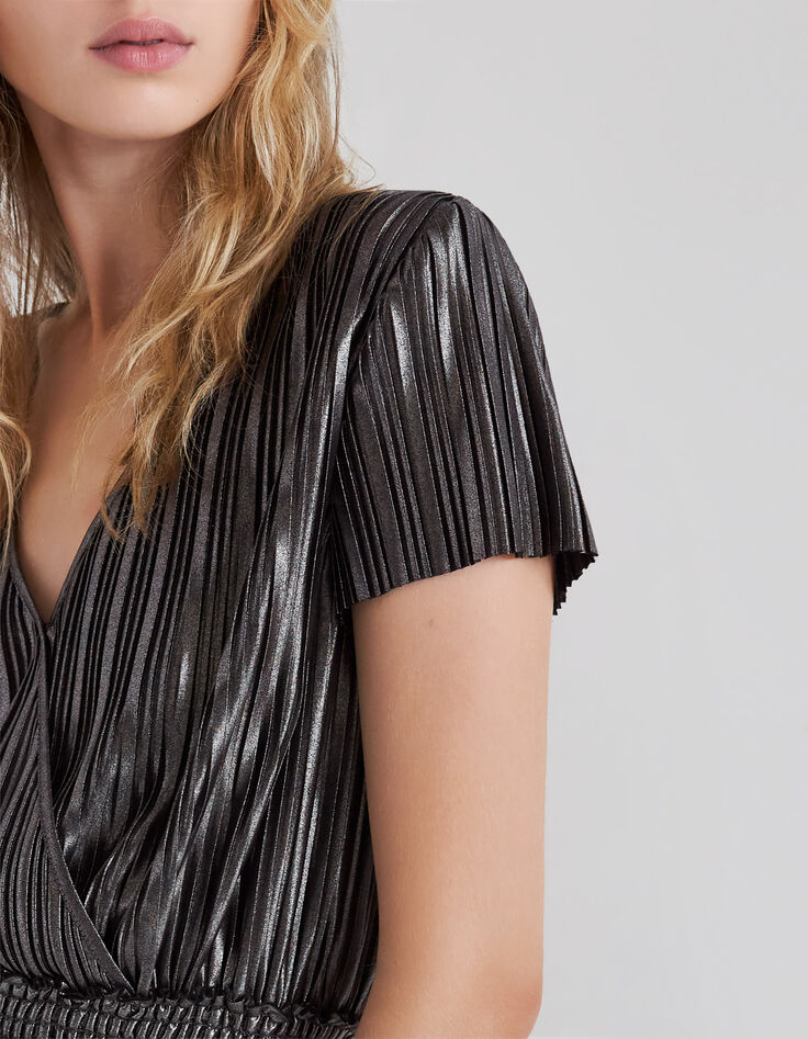 Langes silbernes Damen-Plisseekleid-4