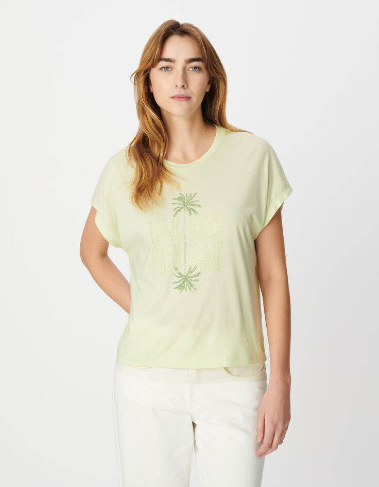 Gr&uuml;nes Damen-T-Shirt mit Palmen und Glitzerbotschaft-4