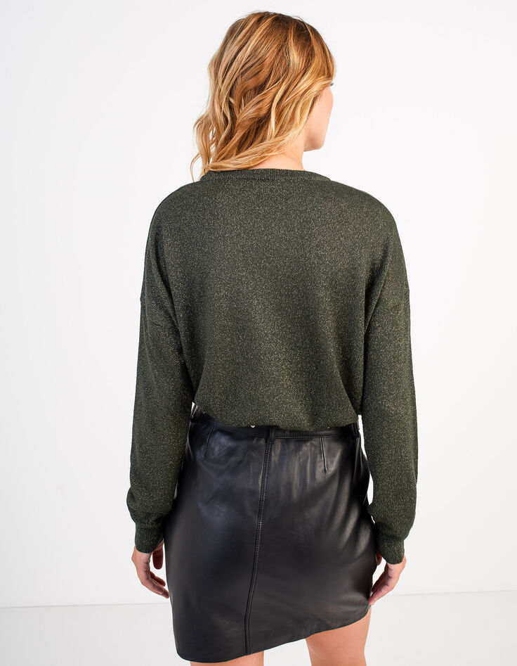 Pull vert empire tricot pailleté à message floqué I.Code-3