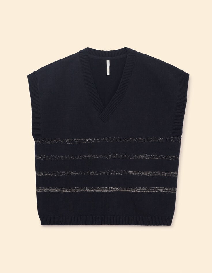 Schwarzer ärmelloser Strickpulli Lurexstreifen I.Code-7 Schwarzer ärmelloser Strickpulli Lurexstreifen I.Code-7