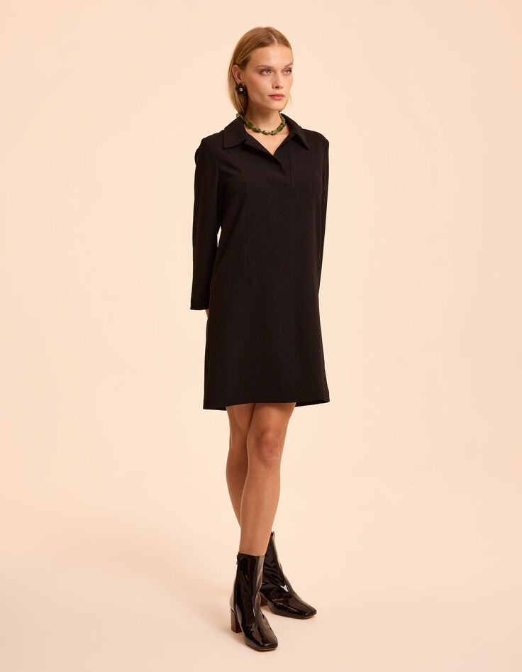 Schwarzes Langarmkleid Kentkragen I.Code-4