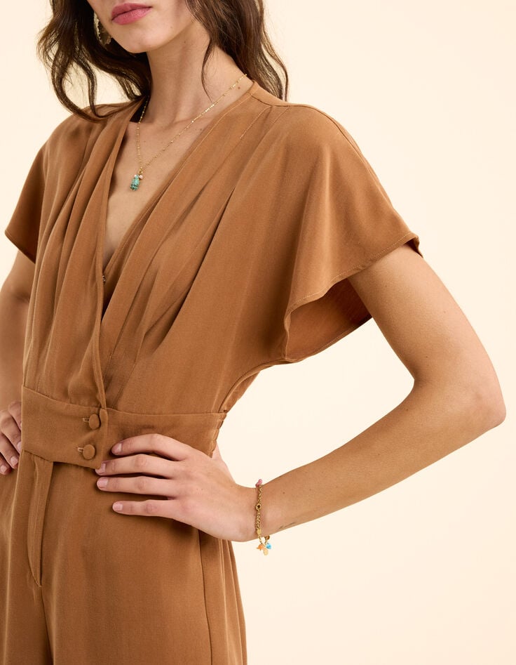 Wijde camel jumpsuit met brede wikkelkraag I.Code-5 Wijde camel jumpsuit met brede wikkelkraag I.Code-5