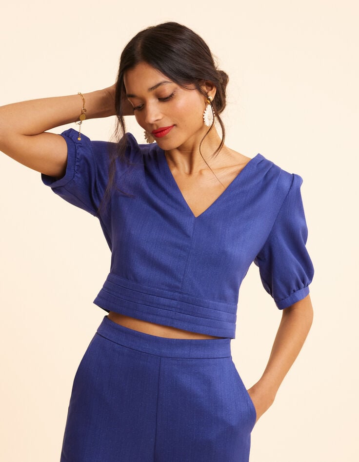 Top bleu pailleté cropped noué dos I.Code-3