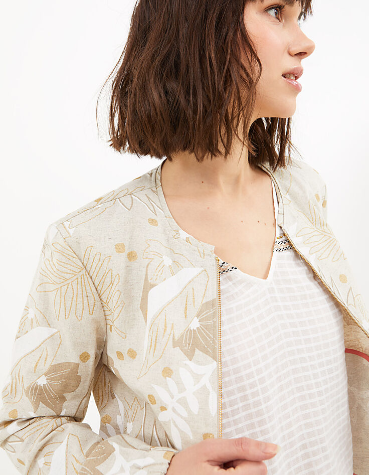 Beige baseballjack print bladeren en gouden stippen I.Code-2 Beige baseballjack print bladeren en gouden stippen I.Code-2