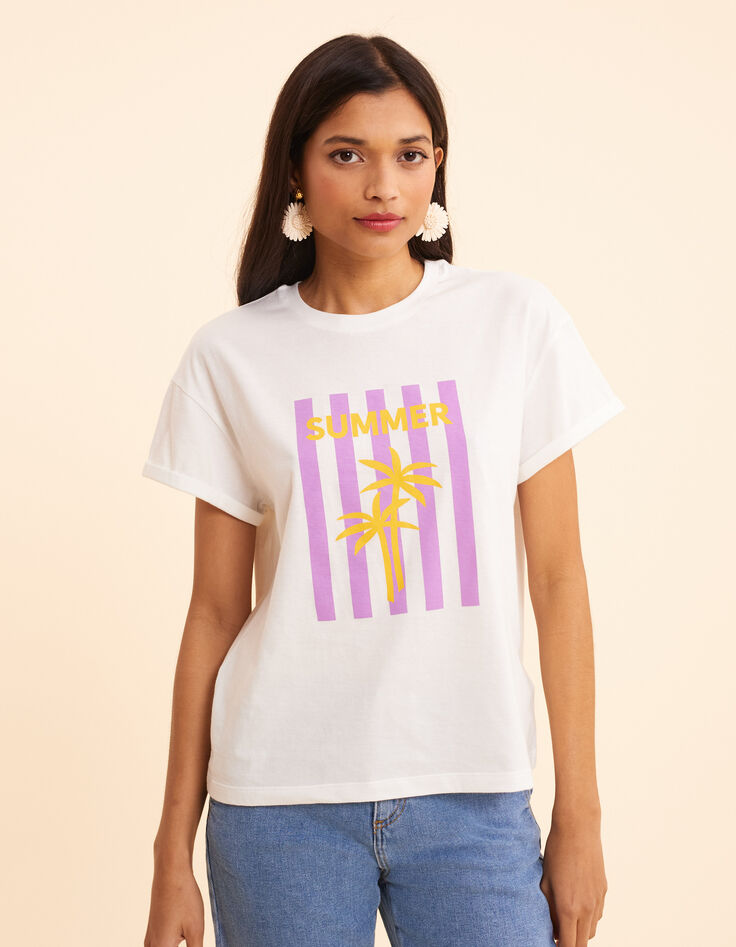 I.Code white short-sleeved T-shirt with striped palm trees-2