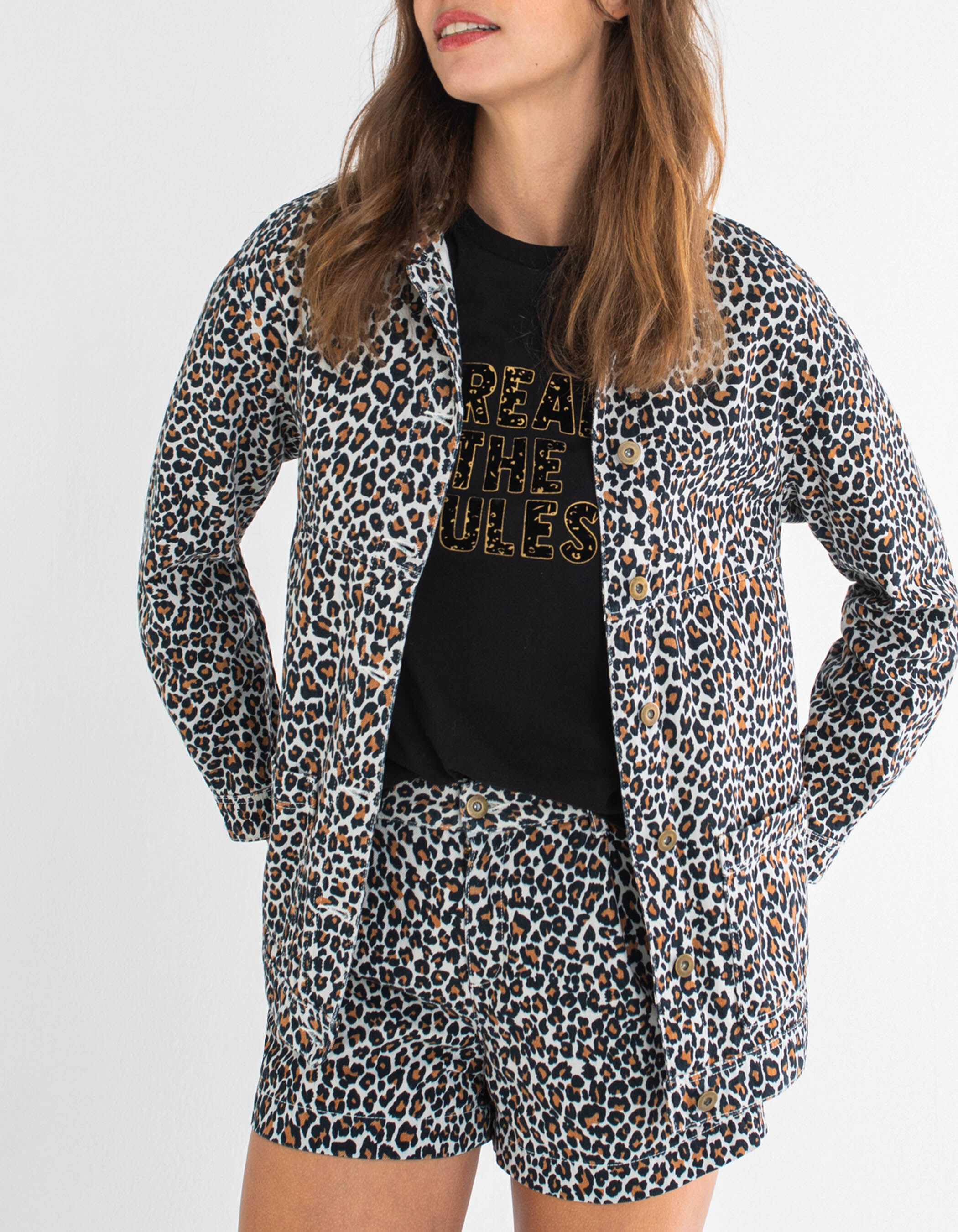 I.Code fawn leopard print denim jacket