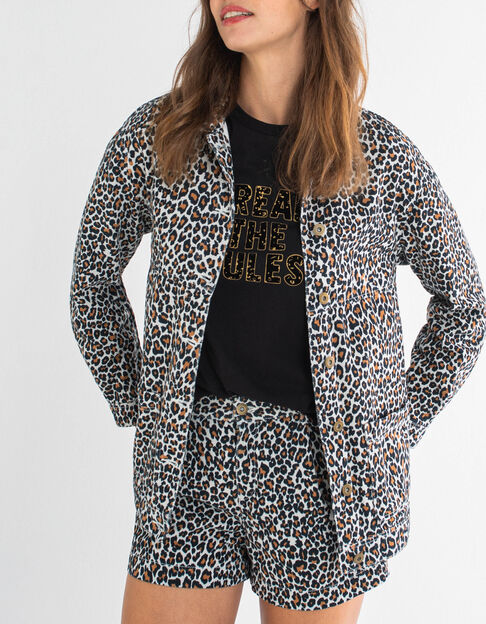 I.Code fawn leopard print denim jacket