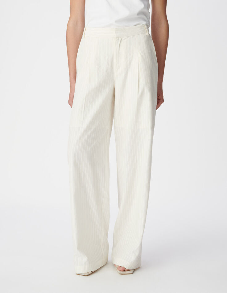 Wei&szlig;e Damen Hose mit weitem Bein im Nadelstreifenmuster-2