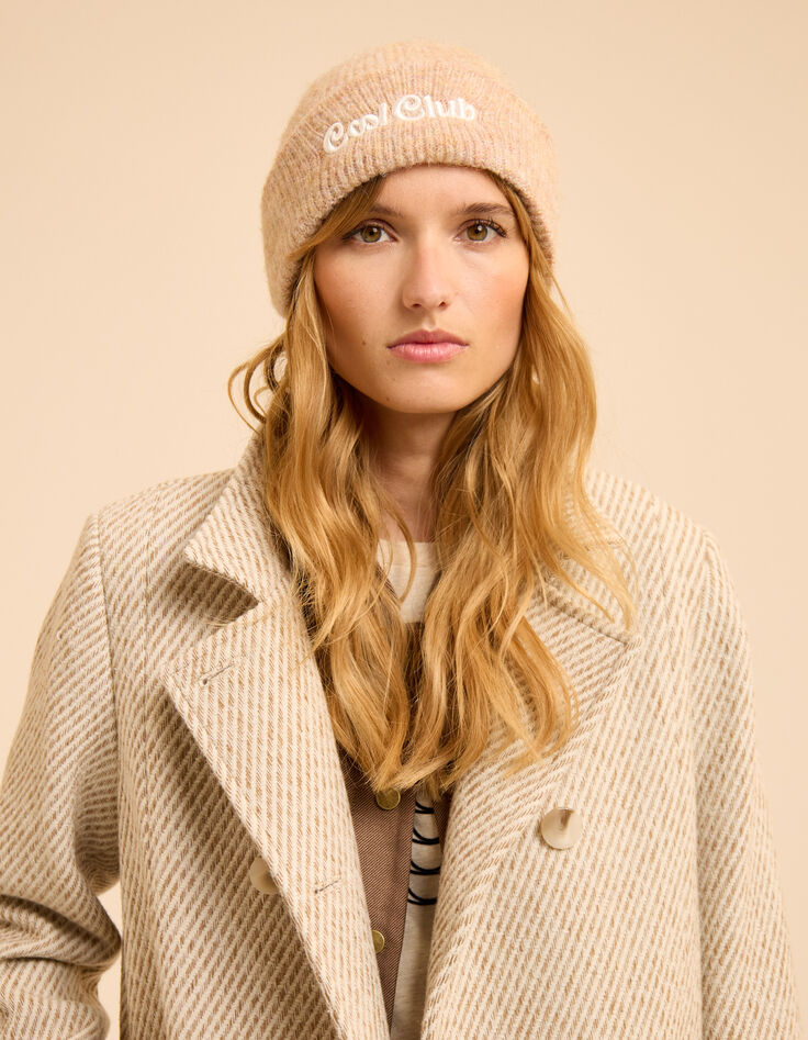 Bonnet beige tricot côtelé broderie I.Code-3 Bonnet beige tricot côtelé broderie I.Code-3