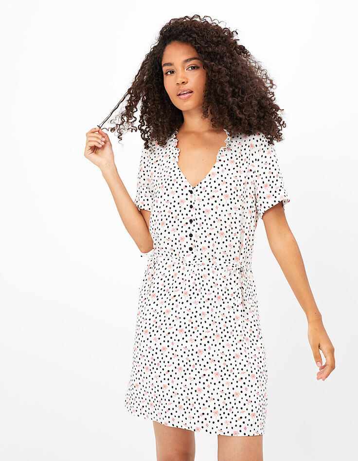 Cremeweißes Kleid, Tupfen- und Palmenprint I.Code-3 Cremeweißes Kleid, Tupfen- und Palmenprint I.Code-3