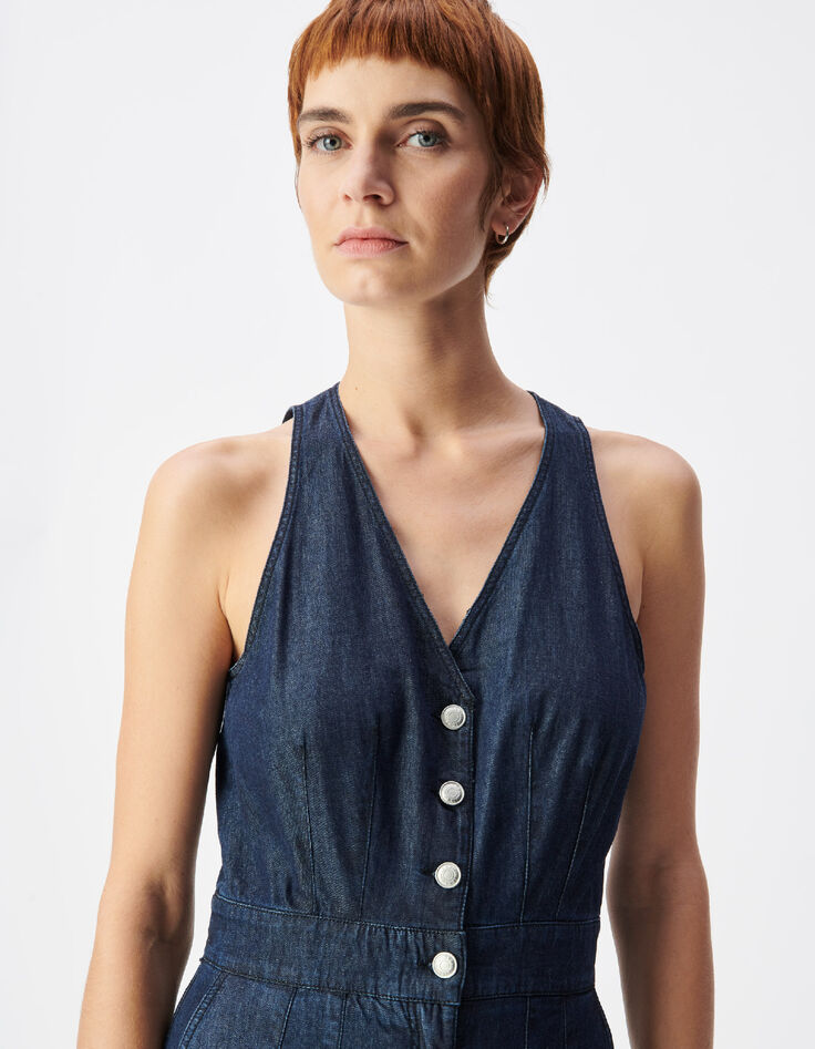 Mujer mono ancho de denim crudo sin mangas-5