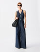 Mujer mono ancho de denim crudo sin mangas-1