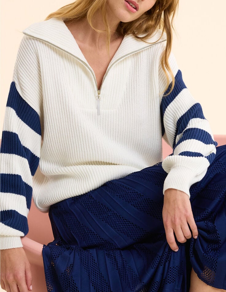 Pull camionneur blanc tricot manches ray&eacute;s I.Code-1