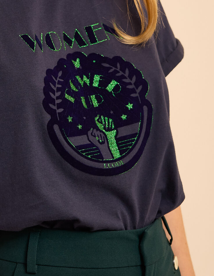 Marineblaues T-Shirt Schriftzug Samt Glitzer I.Code-5 Marineblaues T-Shirt Schriftzug Samt Glitzer I.Code-5