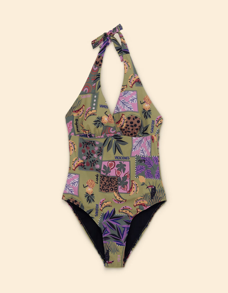 I.Code khaki swimsuit with banana patchwork print-7