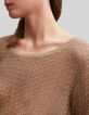 Sesamfarbener Damen-Strickpullover mit Lochmuster-3