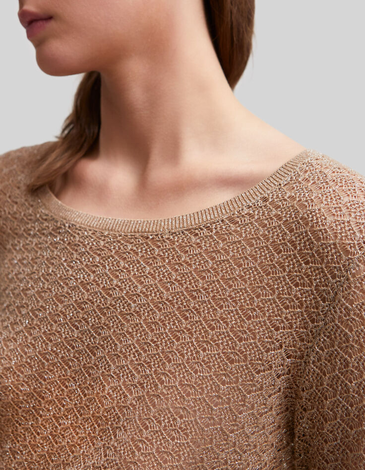 Sesamfarbener Damen-Strickpullover mit Lochmuster-3