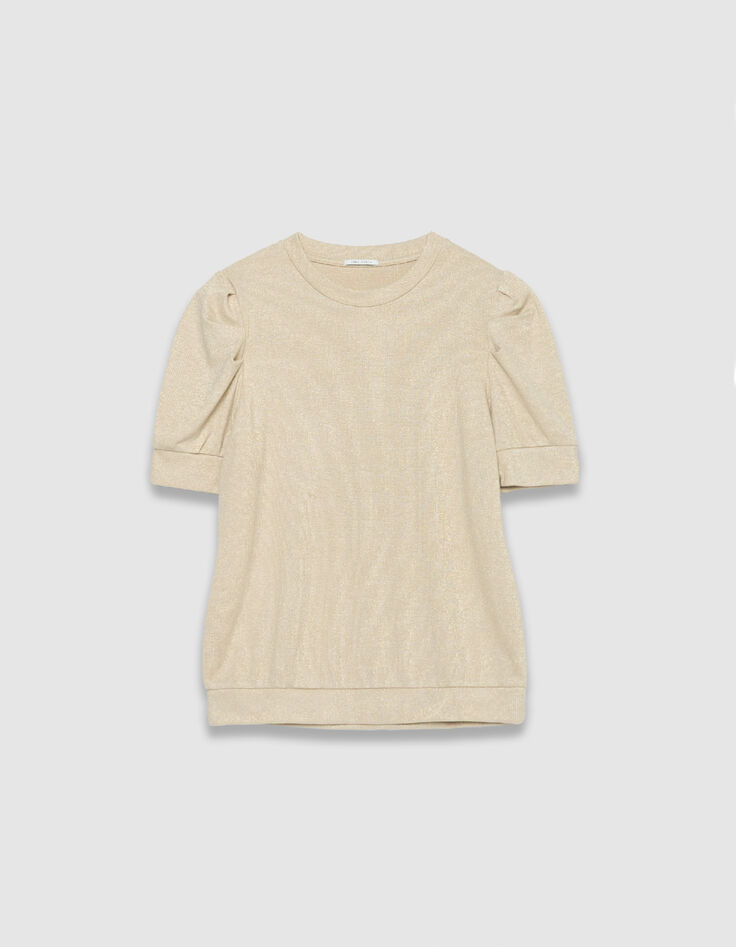 Goldfarbenes Damen-Pailletten-Rundhalsausschnitt-T-Shirt mit gerafften &Auml;rmeln-5