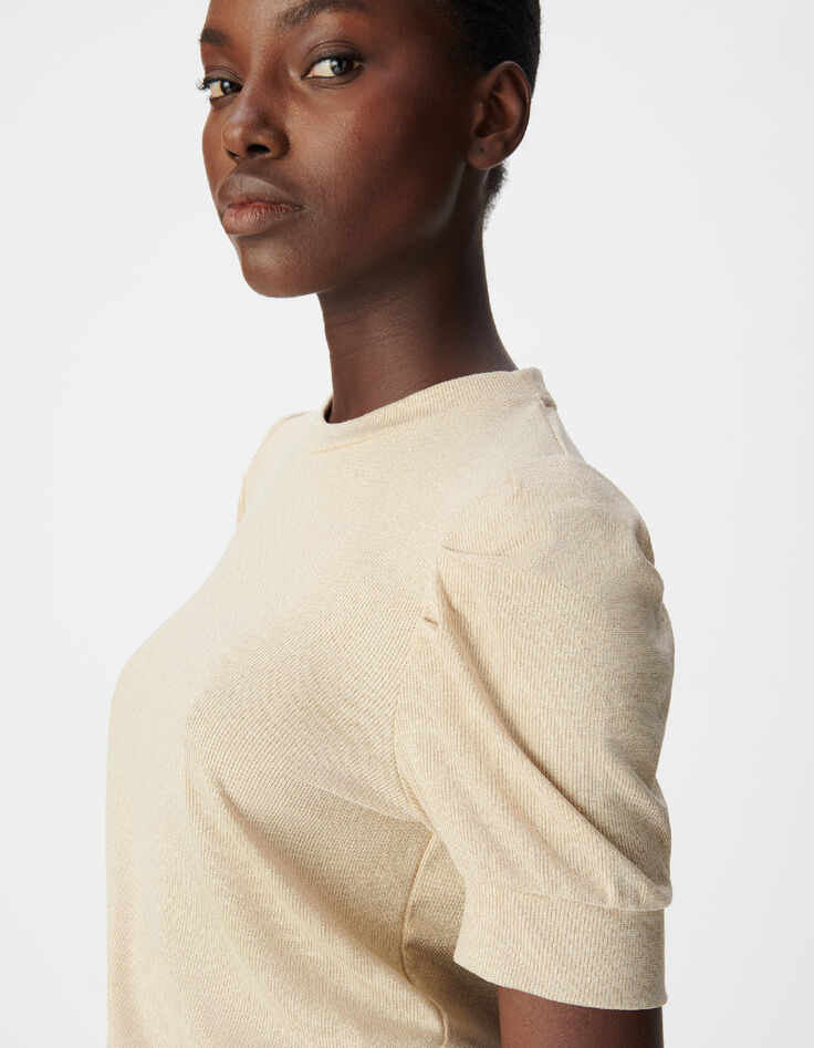 Goldfarbenes Damen-Pailletten-Rundhalsausschnitt-T-Shirt mit gerafften &Auml;rmeln-4