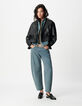 Veste oversize noire cuir coulisse taille Femme-1