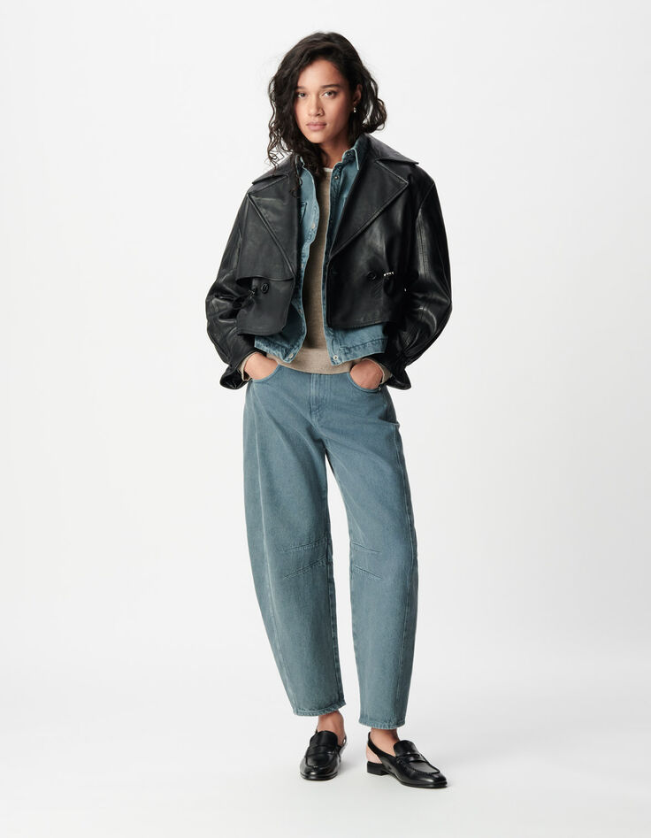 Veste oversize noire cuir coulisse taille Femme-1