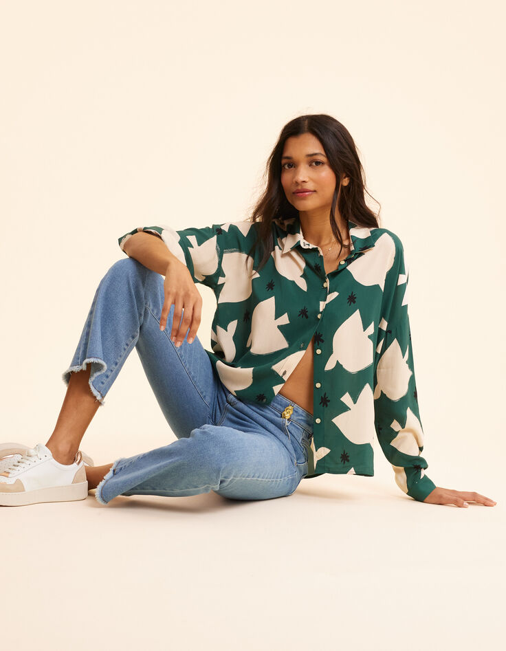 Chemise verte imprimé maxi oiseaux I.Code-1