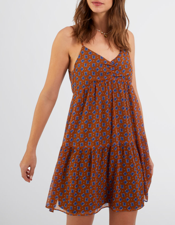 Camel jurk print blauwe bloemen schouderbandjes I.Code-1