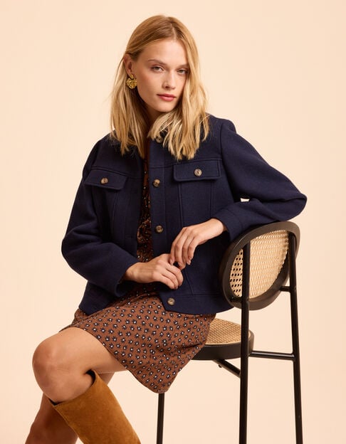 I.Code navy fur-lined woolcloth short coat