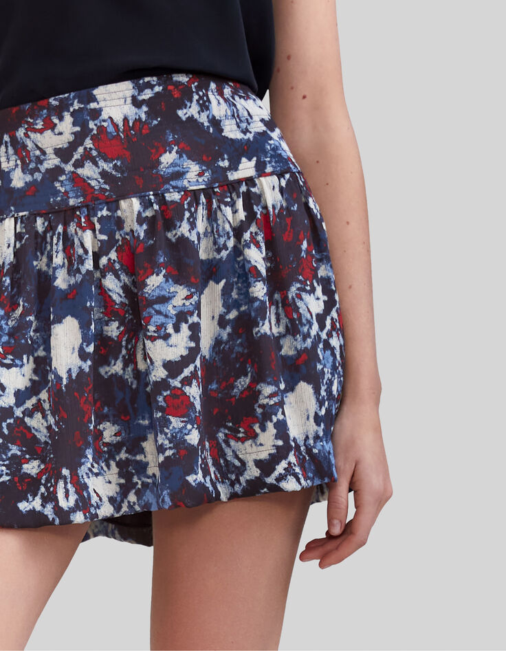 Kurzer, marineblauer Recycling-Damenrock mit Batikblumen-4
