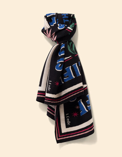 I.Code black pleated scarf with coloured slogan