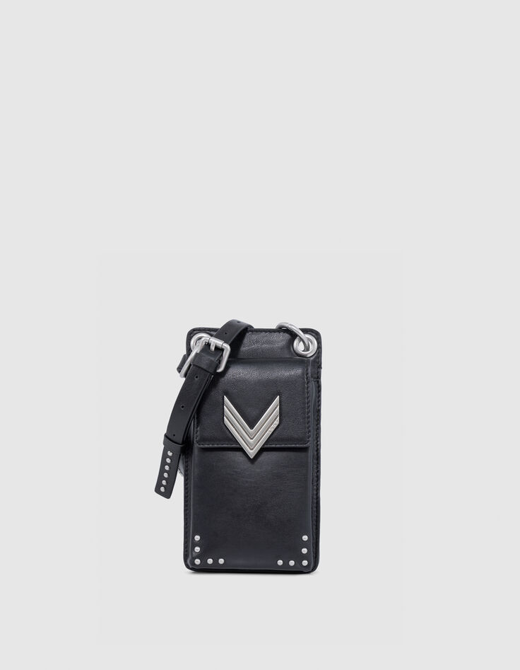 Handytasche 111 schwarz Leder Schulterriemen Nieten Damen-1