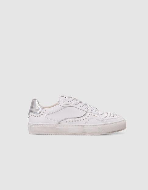 Baskets blanches cuir d&eacute;cor clous lacets silver Femme - IKKS