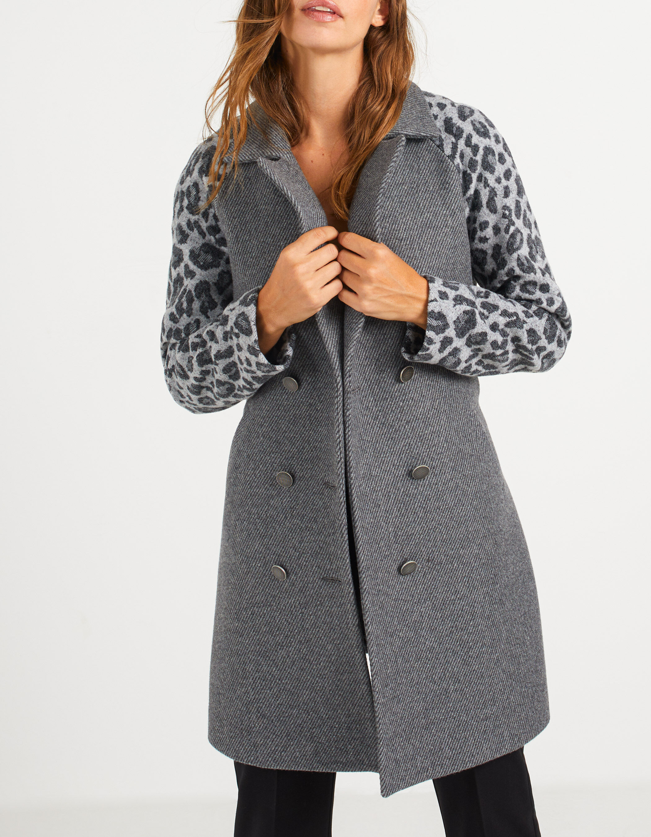 I.Code medium grey coat with leopard motif sleeves