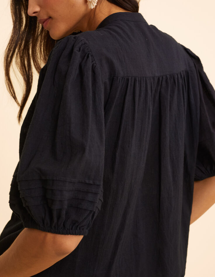 Schwarze Bluse, Puffärmel, bestickte Frontblende I.Code-5