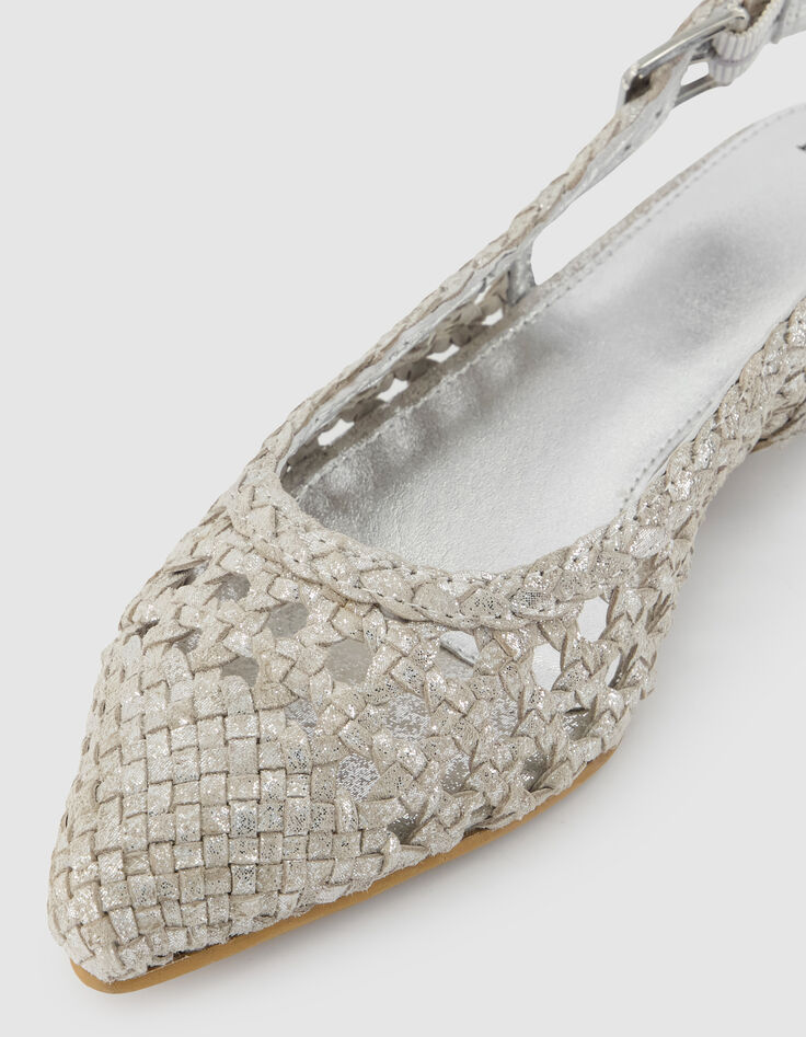 Silberne Slingback Ballerinas Damen aus Leder geflochten-4