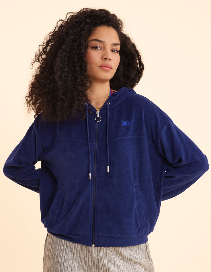 Cardigan zippé à capuche bleu en éponge I.Code-3